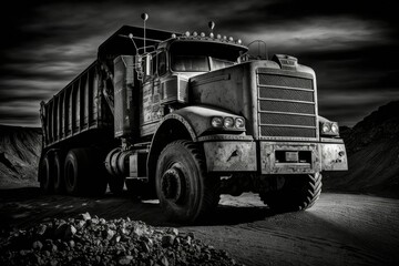 Sticker - Filtered photograph of a dump truck in a coal mine, in black and white. Generative AI