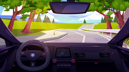 Wall Mural - Car drive on road inside view. Vehicle interior with steering wheel, dashboard, gps navigator and windscreen with view of summer countryside landscape, vector cartoon illustration