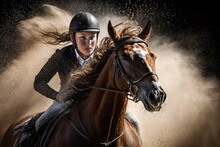 Female Rider On Beautiful Horse Running Gallop, Generative AI