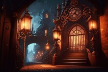 Conjure Up The Steampunk Atmosphere. Late Night In The Ancient City. Traditional Brick Structures Were Illuminated By Lanterns. Amazing Cityscape At Night. Precisely Like A Photograph. Generative AI