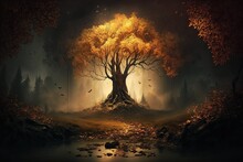 A Gloomy Autumn Forest In A Fantasy World. Generative AI
