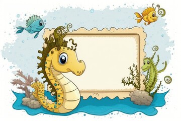 Canvas Print - A seahorse and some ants decorate a kid friendly card frame in this cartoon. Cartoon post card. Generative AI