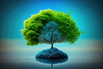 Wall Mural - The concept of reducing global warming is depicted by a small green tree that is growing against a natural green background and blurred out of focus. Generative AI