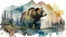 Grizzly Bear Watercolor Vibrant Art For Postcard Or Poster In Alaska Forest Wild Scenery. An Illustration Created With Generative AI Artificial Intelligence Technology