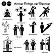 Stick figure human people man action and emotions icons alphabet S. Self, regeneration, regulated, reliance, renunciation, repair, report, revelation, respect, restraint, replication, and review.