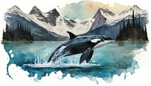 Orca Killer Whale In Alaskan Fjords Breaching Watercolor Vibrant Art For Postcard Or Poster. An Illustration Created With Generative AI Artificial Intelligence Technology
