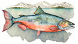 Sockeye Salmon and mountains Alaskan art for Postcards and Prints in Watercolor Style. An illustration created with Generative AI artificial intelligence technology
