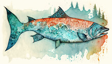 Beautiful Alaskan Salmon Art An Illustration Created With Generative AI Artificial Intelligence Technology
