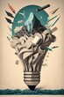 Creative mind or brainstorm or creative idea concept with abstract human head silhouette and hand holding bulb lamp surrounded abstract geometric shapes in bright colors. GENERATIVE AI