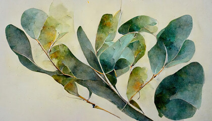Watercolor floral illustration set - white flowers, green leaf. Generative Ai