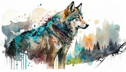 Naklejka na meble Beautiful Alaskan Wolf, the spirit of the forest in Watercolor illustration created with Generative AI artificial intelligence technology