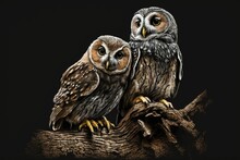 Athene Noctua, Or Tiny Owls, In Pairs, Perched On A Crumbling Roof. The Backdrop Is Completely Black. Cute Little Painting Of An Owl. A Wooden Owl Perched On A Branch. Generative AI