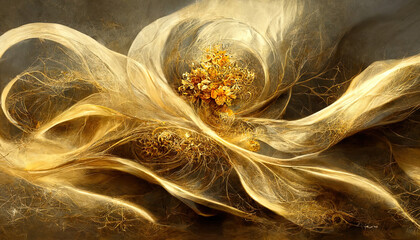 Awesome Abstract motion art with surreal golden flowers, inticate flow waves in gold colors. Generative Ai