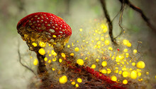 Exceptional Amanita Muscaria Glowing Red Top Mushroom Releasing Spores Yellow Forest. Generative Ai