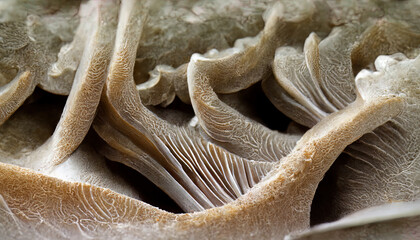 Wall Mural - Close up of gills of oyster mushroom, Pleurotus ostreatus. Generative Ai