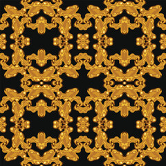 Poster - Luxurious antique golden pattern. Brilliant classic royal ornament. Traditional floral pattern for fabric. Seamless black and yellow texture. Ornamental baroque background.  Vector wallpaper print 