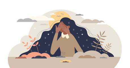 Grief emotion with negative feeling and mental breakdown tiny person concept, transparent background. Psychological depression, frustration or anxiety about loneliness and loss illustration.