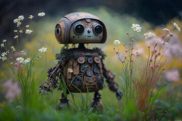 Poster - adorable rusty broken down robot covered in flowers Generative AI