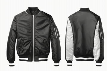 Blank Black and white varsity bomber jacket isolated Generative AI