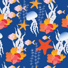 Corals And Seaweed. Vector Botanical Illustration. Underwater Flora, Sea Plants. Underwater World. Diving.  Kelp.  Seamless Pattern, Endless Ornament. 
