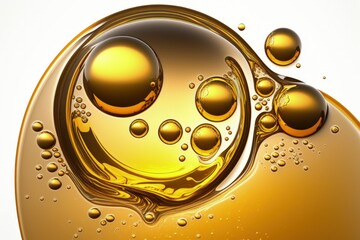 Wall Mural - Oil bubbles or face serum with a golden yellow color, isolated on a white background. Macroscopic images of oil bubbles. Generative AI