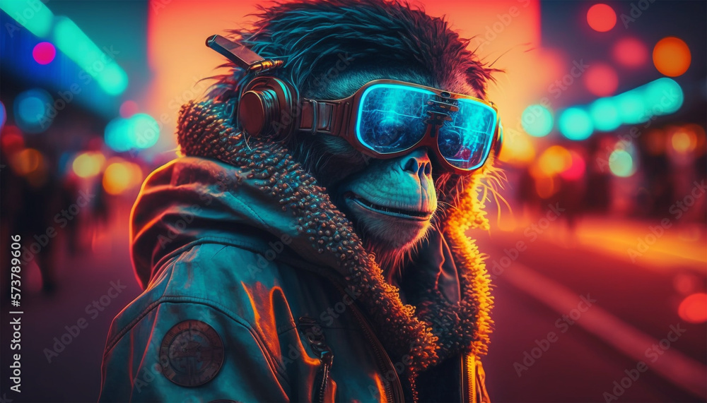 monkey wearing VR glasses, futuristic fashion style, in the street neon ...