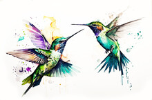 Watercolor Drawing Of A Hummingbird In Flight. Two Beautiful Hummingbirds Are Flying Side By Side
