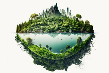 Poster - Modern ecological urbanism as an idea. This city shaped lake may be found in the midst of some of the most pristine and lush rainforest landscapes you'll ever see. Generative AI