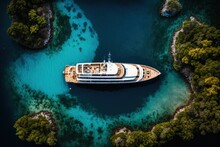 Drone's Eye View Photograph Of A Wooden Decked Luxury Yacht Anchored In A Stunning Blue Island Bay. Generative AI