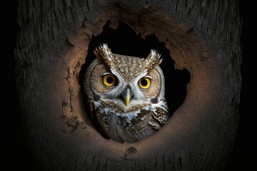 Wall Mural - Star of the Show A Western Screech Owl surveys its surroundings from the middle of an oak hole before setting out on a nighttime hunt. Generative AI