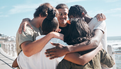 Sticker - Bonding friends, huddle or diversity by beach in solidarity travel, community support or group social gathering. Smile, happy men or women circle embrace, summer holiday vacation or global trust hug