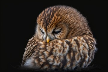 Sticker - The Strix aluco, or tawny owl, at one month old, resting with its eyes closed. Generative AI