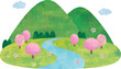 山と川と桜のシンプルな水彩画風景