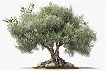 Wall Mural - Isolated white background with a green olive tree and olives. Generative AI
