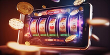 Casino Banner Slot Machine With Jackpot And Golden Coin. Generation AI
