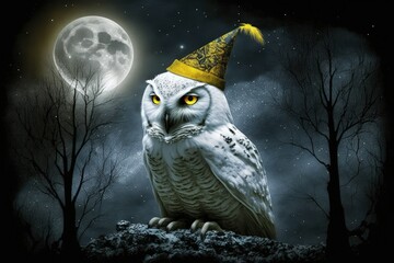 Wall Mural - Polar owl wearing a cap like a wizard, laughing, in front of a mysteriously lit moon and a backdrop of smokey trees. Closeup of a snowy white owl with bright yellow eyes. Illustration of a Halloween p