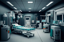 Interior Of Emergency Room In Modern Clinic With Empty Hospital Beds, Nurses Station And Various Medical Equipment. With No People 3D Illustration On Health Care Theme. Generative AI.