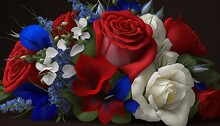 Red Roses, Delicate White Lilies, And Deep Blue Delphiniums