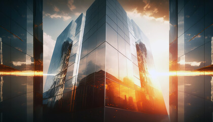 Wall Mural - Skyscraper in the city, reflection of clouds and sky on glass office building at sunset. Generative AI