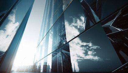 Wall Mural - Skyscraper in the city, reflection of clouds and sky on glass office building. Generative AI