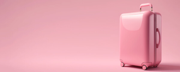 Modern pink suitcase on a pink background. Generative AI. travel concept.