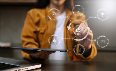Wall Mural - Copyright or patent concept, Person hand using laptop computer, tablet and smartphone with virtual screen copyright icon trademark, Creation ownership against piracy. at office.