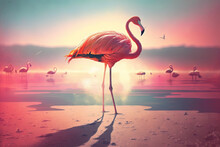 Conceptualization Of A Summertime Quirk, A Pink Flamingo In A Filter Enhanced, Lens Flare Adorned Scene On An Otherwise Tranquil Beach. Generative AI
