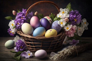  easter eggs in a basket with flowers on wood background generative ai