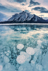 Wall Mural - View of Abraham Lake with natural bubbles frost in the morning on winter at Banff national park