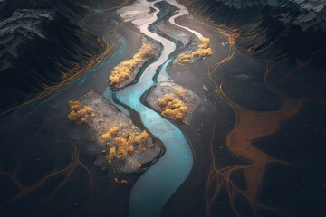 Wall Mural - Iceland Aerial: Flowing River in Vibrant Landscape. Photo generative AI