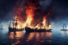 An Ocean Battle During The 16th Century Featuring Sailing Ships And Galleons Exchanging Gunfire With Cannons. Pirate Ships Burning Engulfed In Flames Of Cannons Attacking. 3D. Generative AI