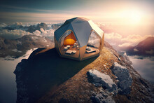 Aerial View Of Alone Tent Pitched On A Top A Mountain, Camping At The Top Of The World Between The Clouds, Picturesque Landscape, Travel Concept.  Ai Generative