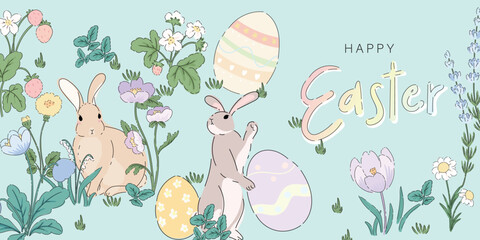 Wall Mural - easter bunny with eggs decorate with minimal flower