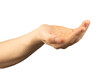 A man's hand is isolated on a white background, the palm is outstretched, begging. The human hand asks for alms, for help. Empty palm to present products and goods